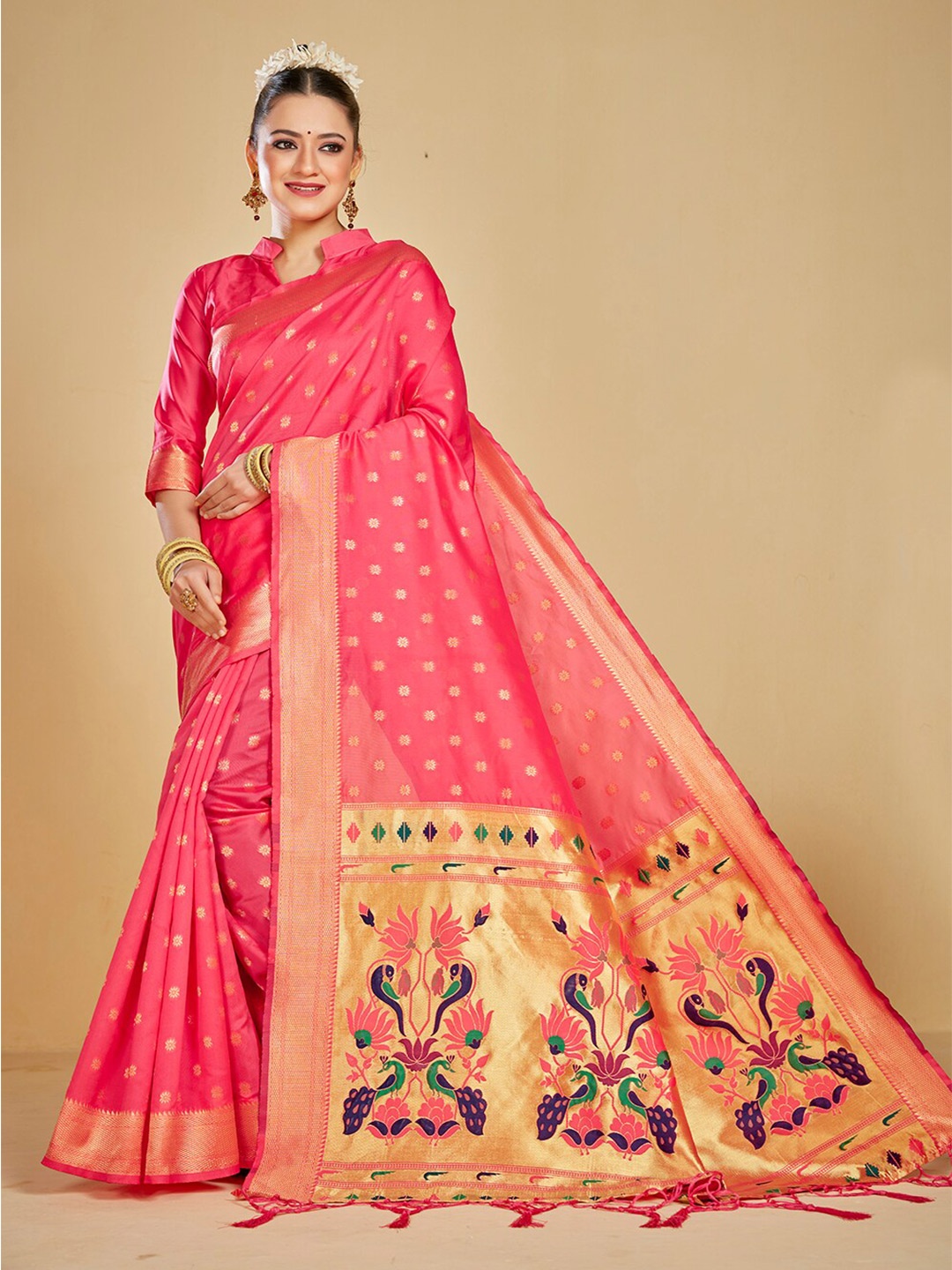 

Panchaamrit Woven Design Zari Silk Blend Paithani Saree, Pink