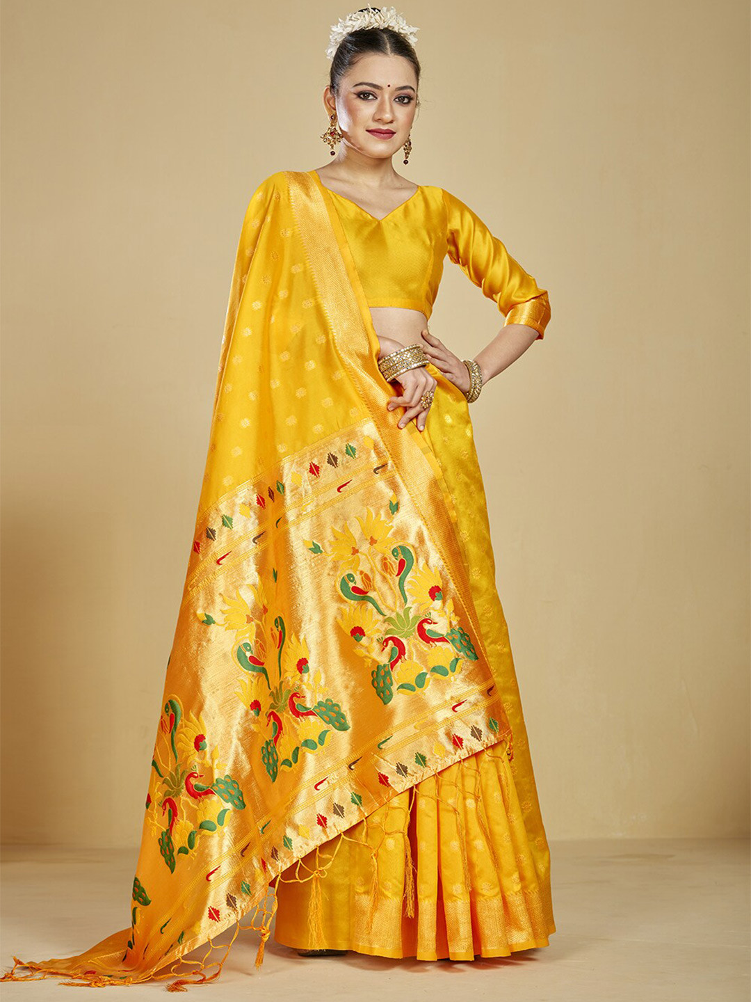 

Panchaamrit Woven Design Zari Silk Blend Paithani Saree, Yellow