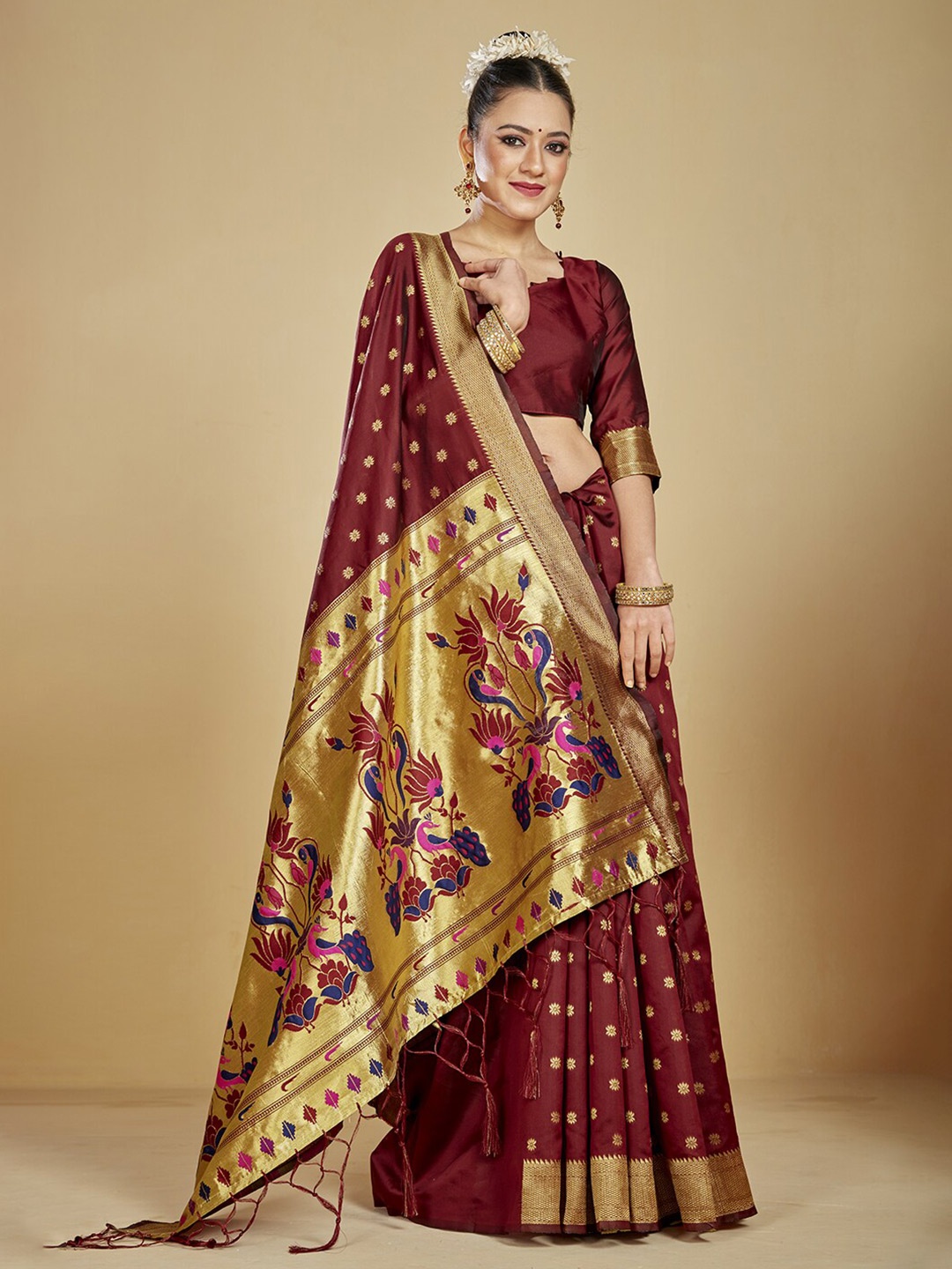 

Panchaamrit Woven Design Zari Paithani Saree, Maroon