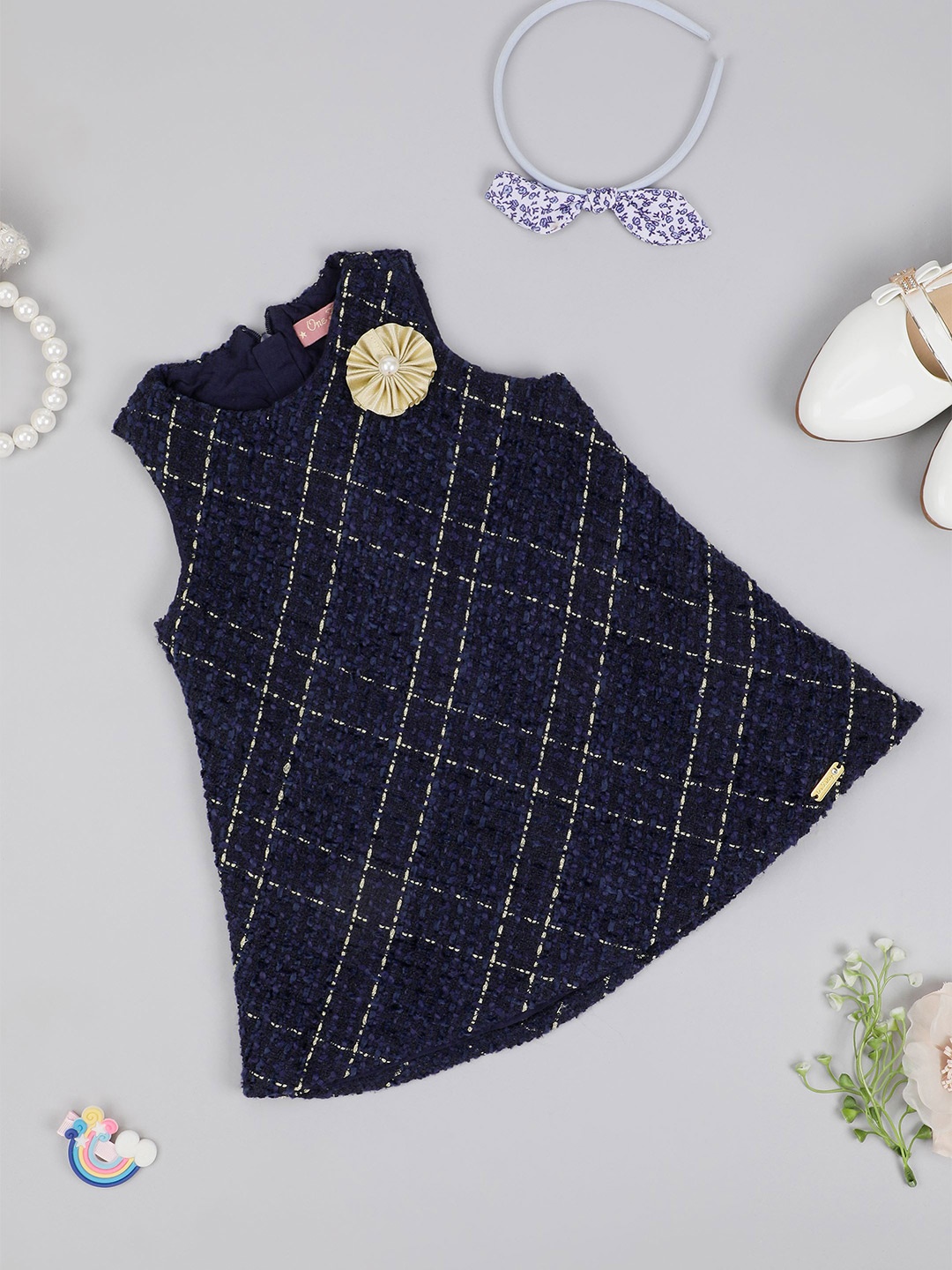 

One Friday Girls Self Design Round Neck A-line Dress, Navy blue