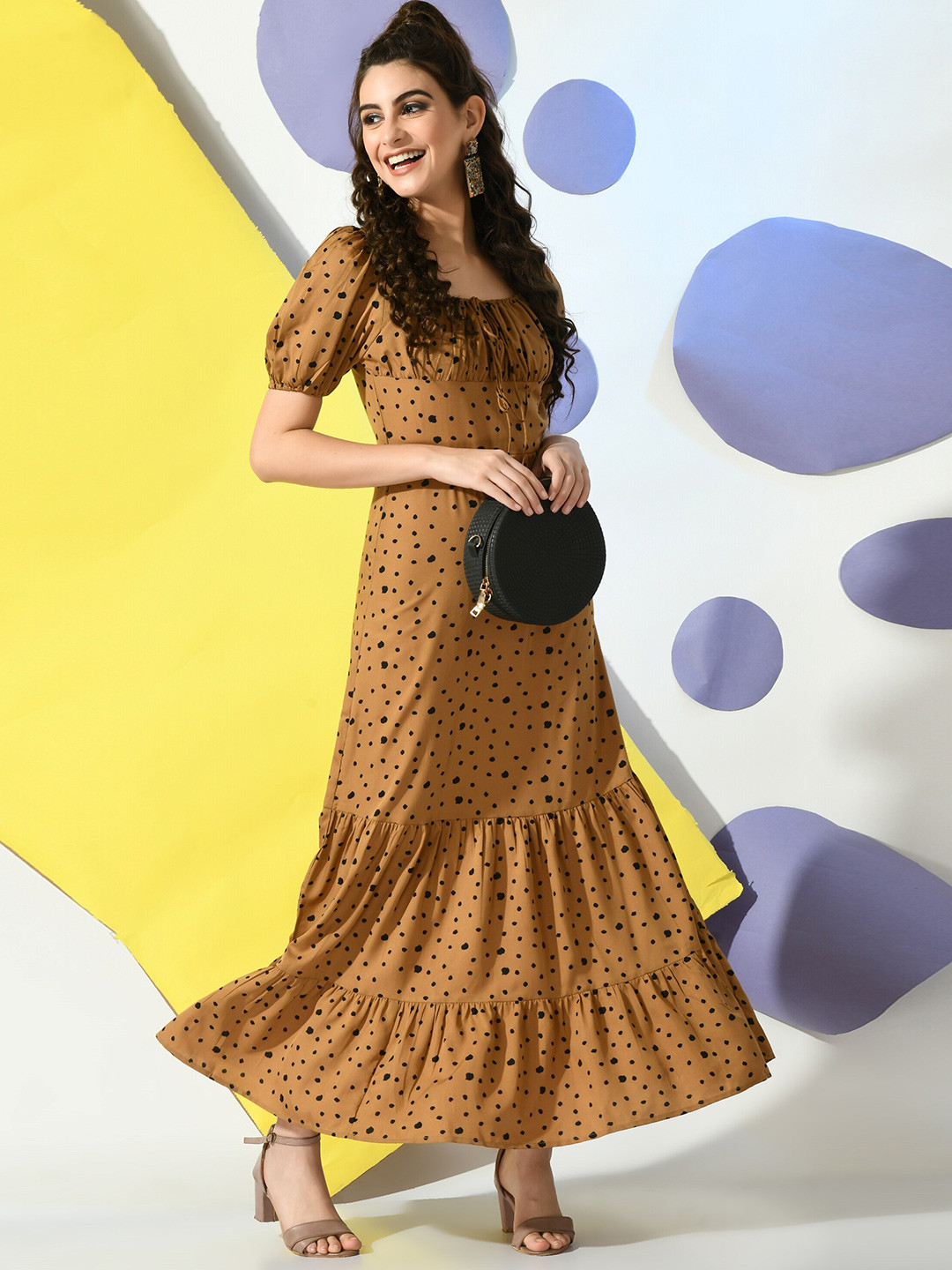 

PRETTY LOVING THING Women Round Neck Puff Sleeves Maxi Dress, Brown