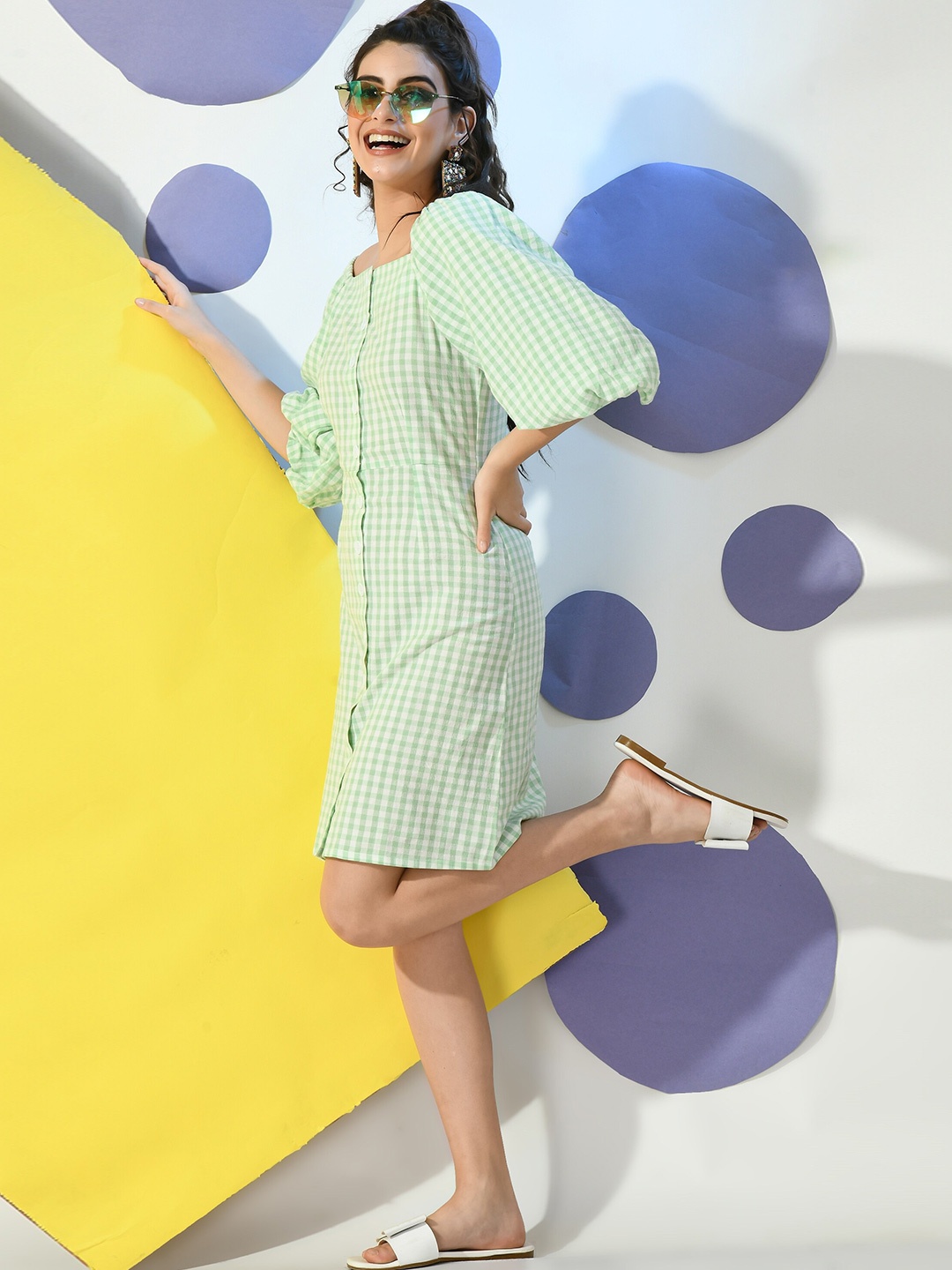 

PRETTY LOVING THING Women Puff Sleeve Checked Sheath Dress, Green