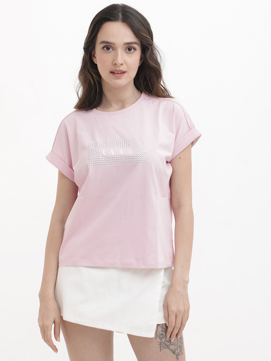 

RAREISM Women Embellished Extended Sleeves T-shirt, Pink