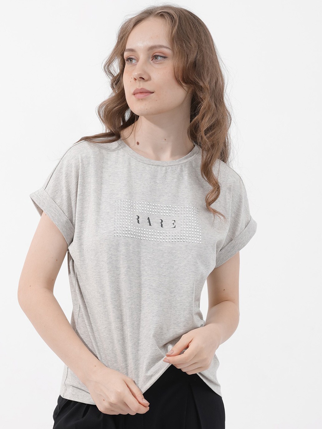 

RAREISM Women Solid Extended Sleeves T-shirt, Grey