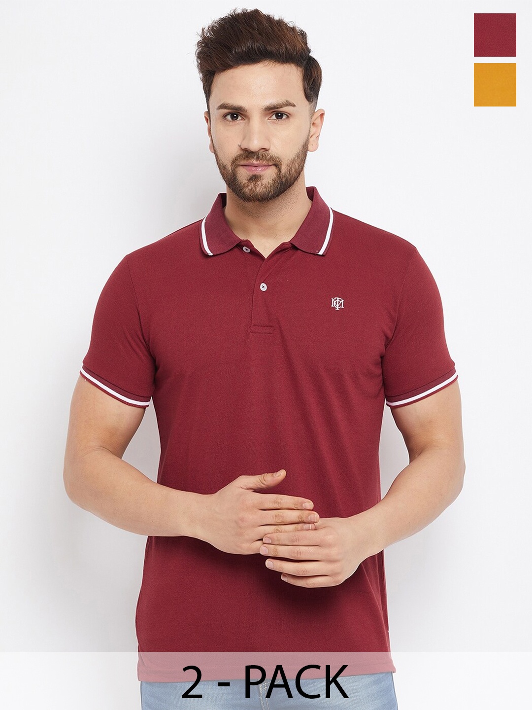 

THE MILLION CLUB Men 2 Polo Collar Applique T-shirt, Maroon