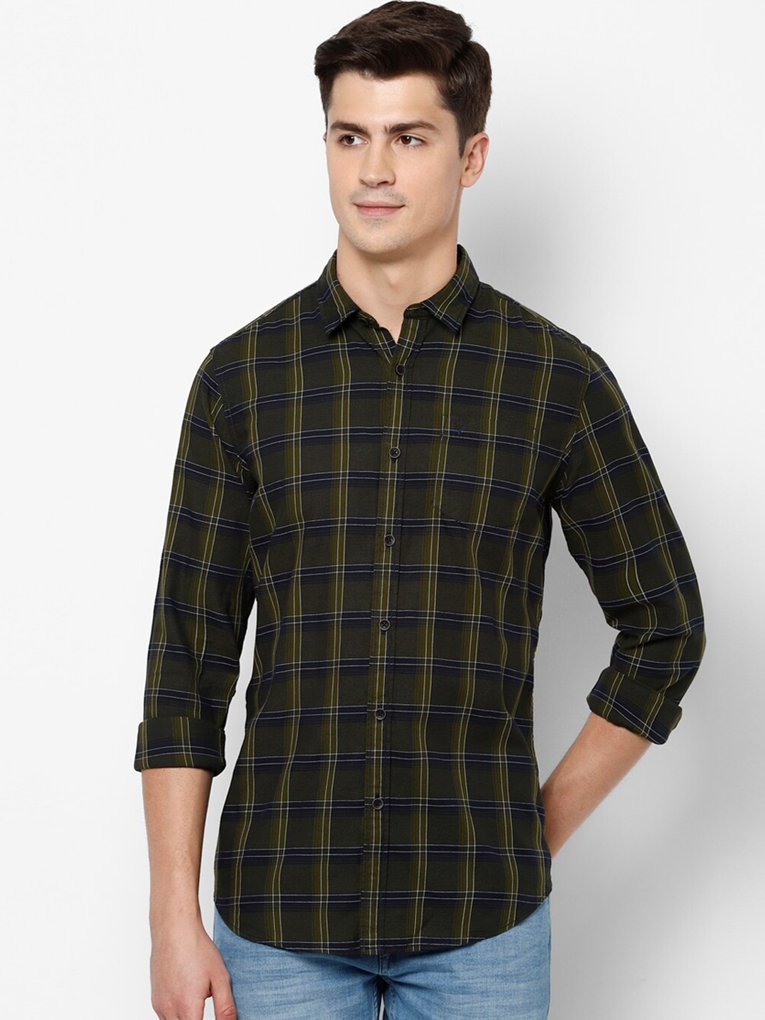 

Allen Solly Men Tartan Checks Opaque Checked Casual Shirt, Olive