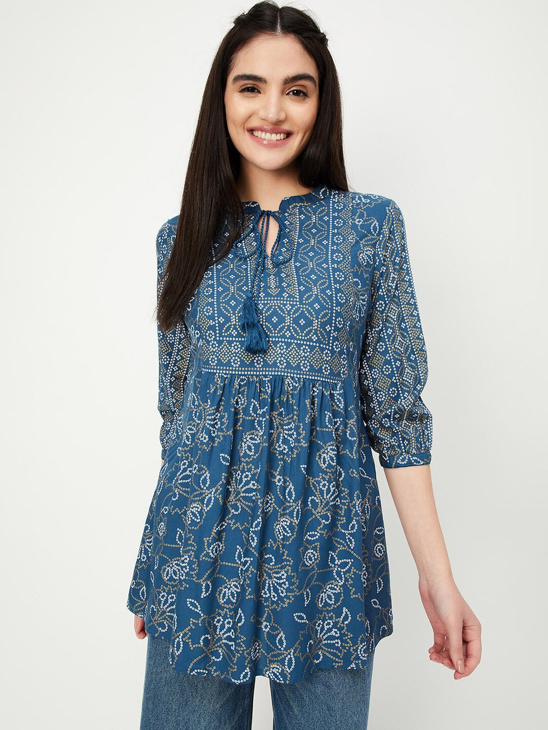 

max Mandarin Collar Printed Tunic, Blue