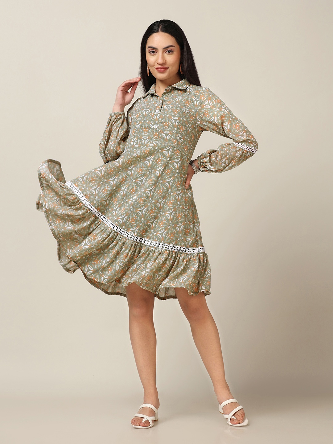 

FASHION DREAM Women Shirt Collar Cuffed Sleeves A-line Floral Dress, Green