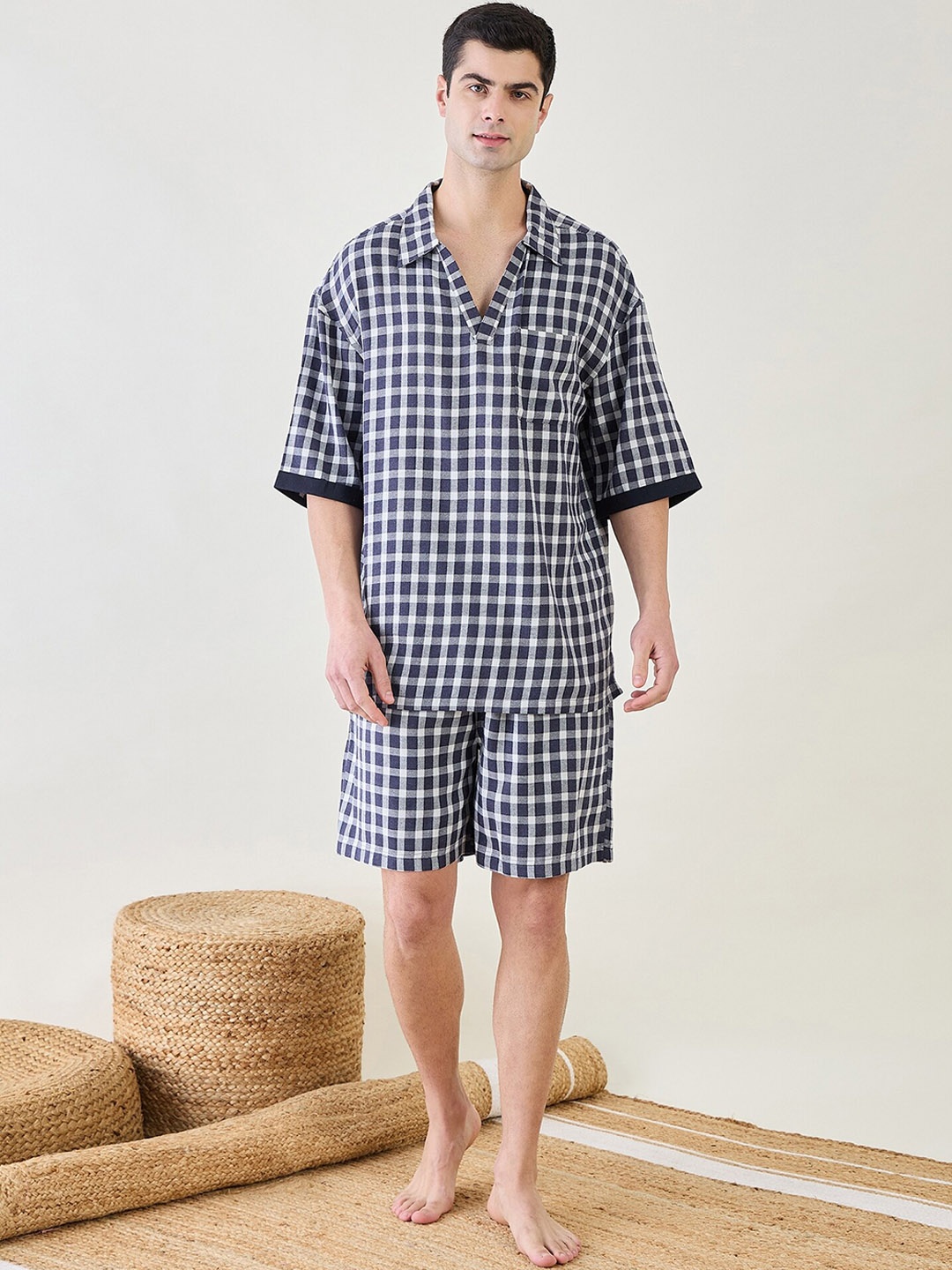 

The Kaftan Company Men Checked Night suit, Blue
