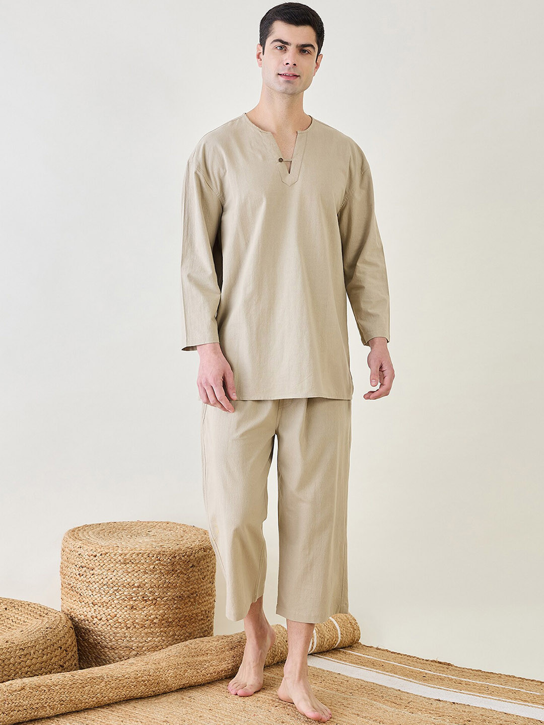 

The Kaftan Company Solid Men Night suit, Beige