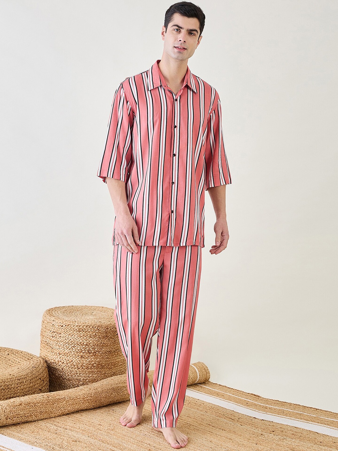 

The Kaftan Company Men Striped Night suit, Rust