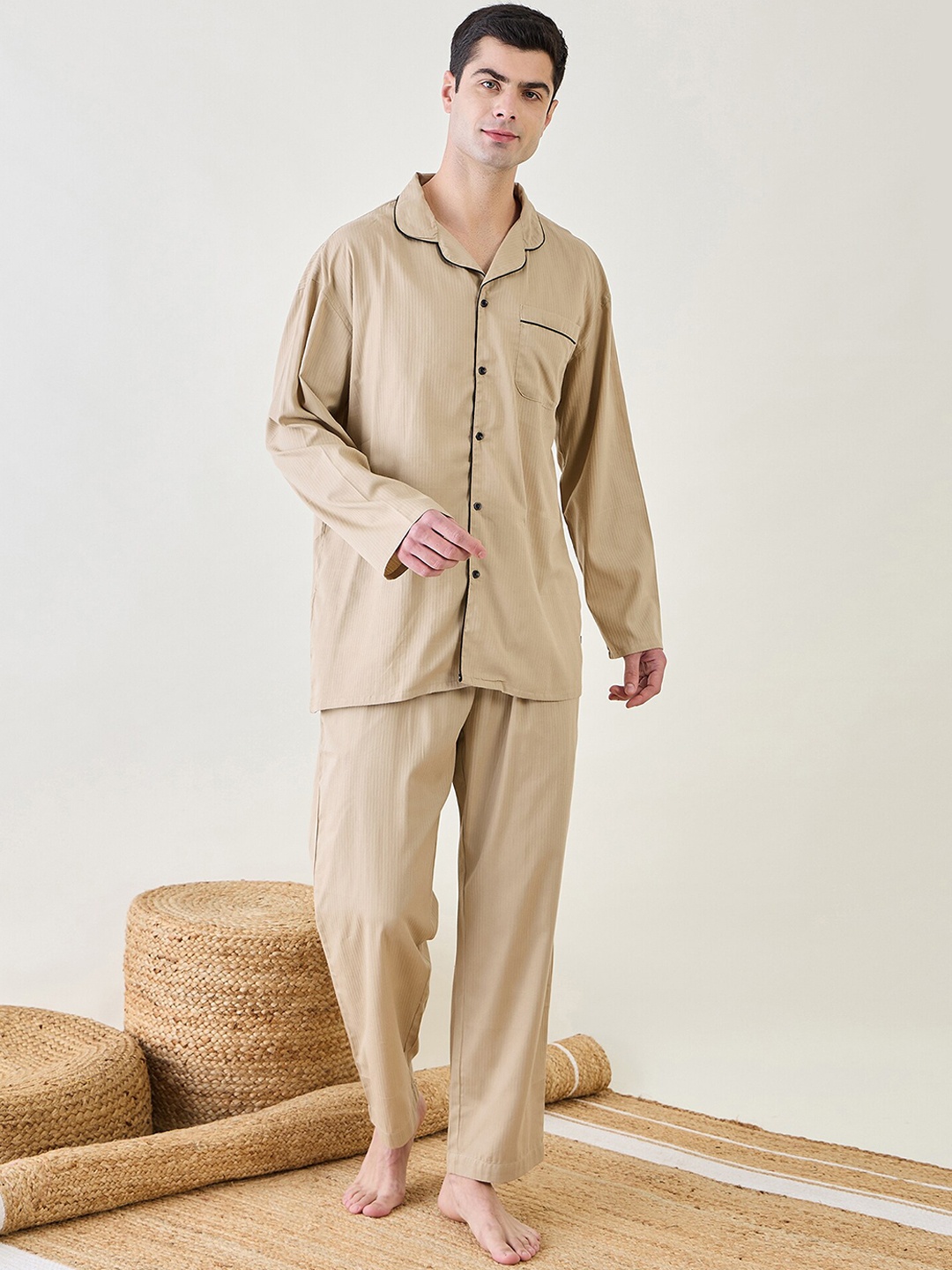 

The Kaftan Company Striped Men Night suit, Beige