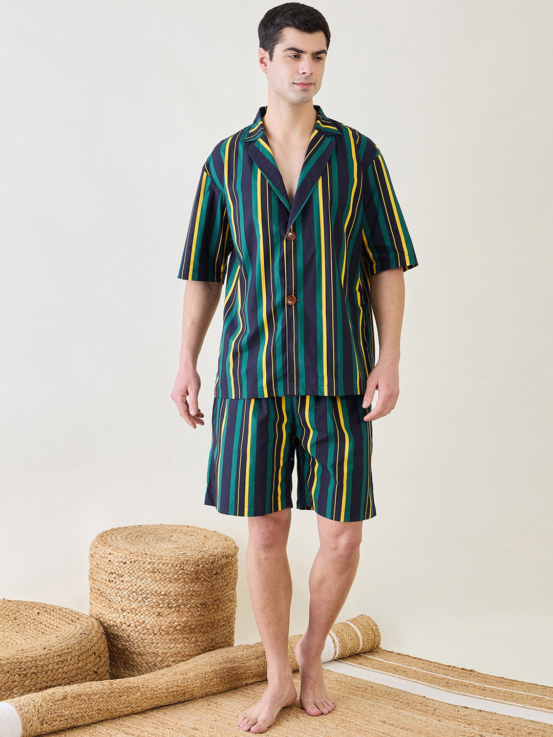 

The Kaftan Company Men Striped Night suit, Green