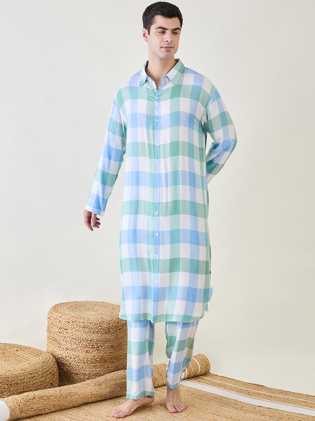 

The Kaftan Company Men Checked Night suit, Blue