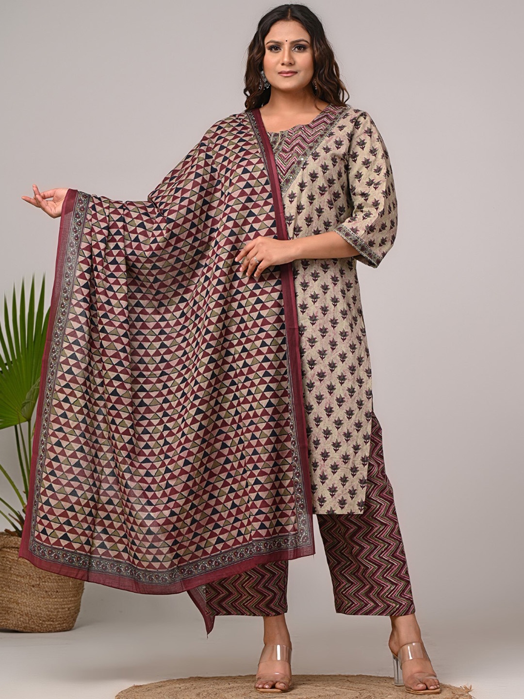 

KALINI Women Floral Printed Regular Sequinned Pure Cotton Kurta with Trousers & With Dupatta, Grey