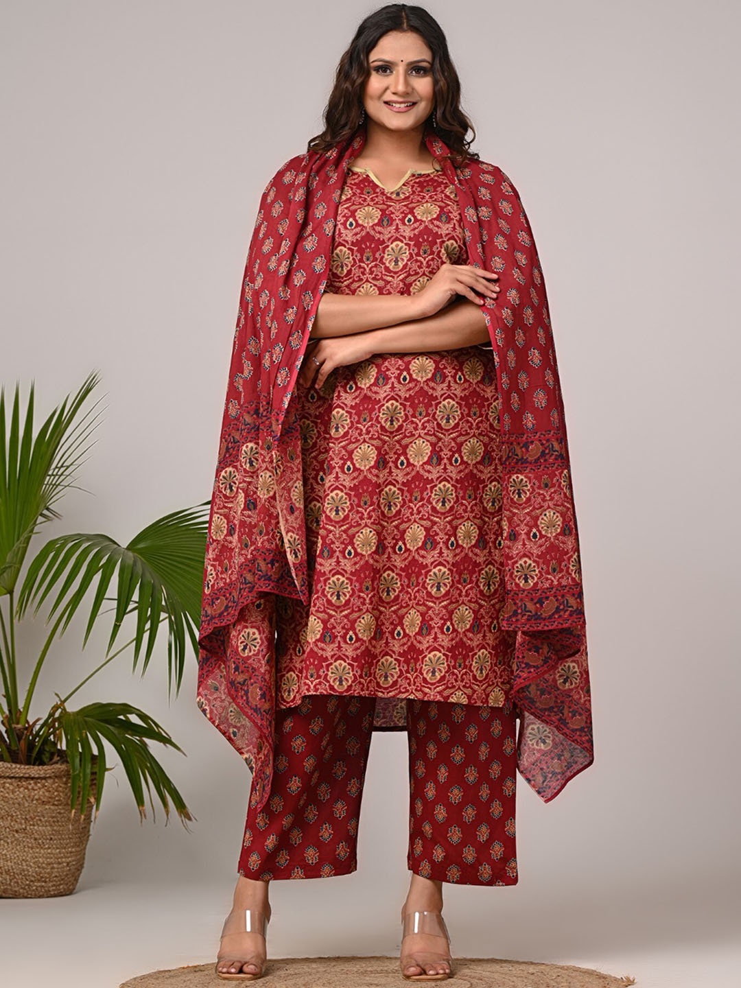 

KALINI Women Floral Printed Regular Sequinned Pure Cotton Kurta with Trousers & With Dupatta, Maroon