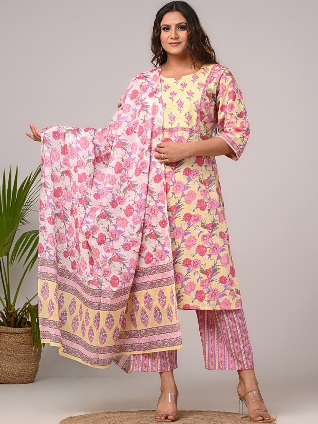 

KALINI Women Floral Printed Regular Sequinned Pure Cotton Kurta with Trousers & With Dupatta, Yellow