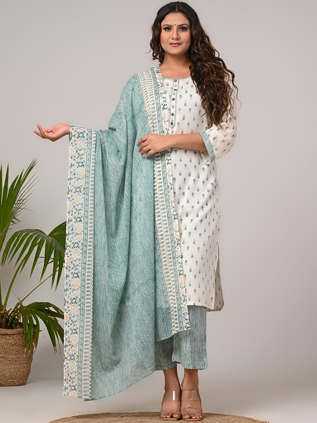 

KALINI Women Floral Printed Regular Sequinned Pure Cotton Kurta with Trousers & With Dupatta, White