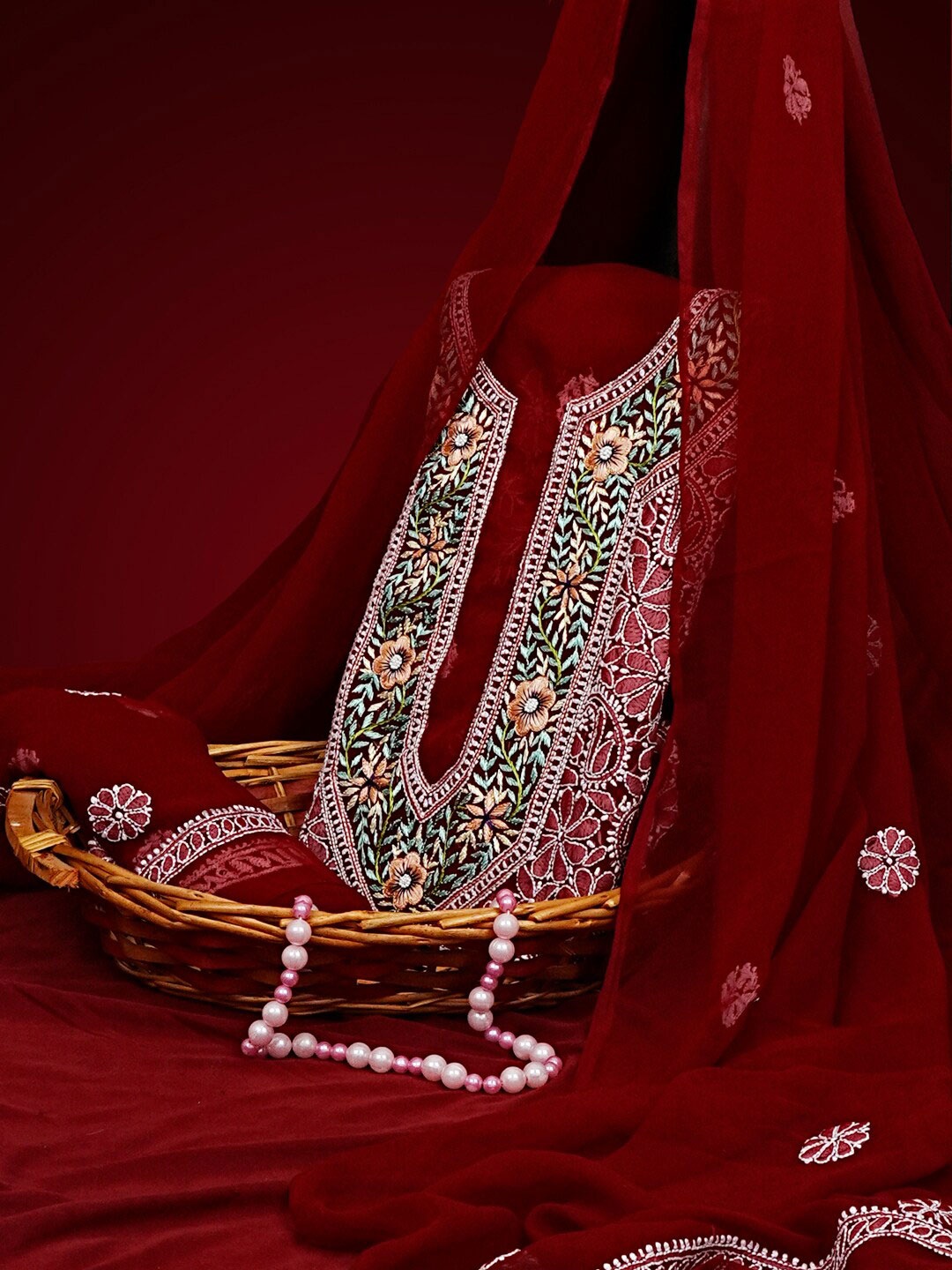 

ADA Embroidered Unstitched Dress Material, Maroon