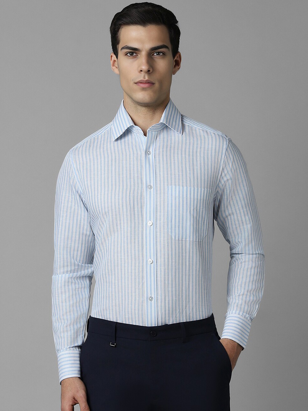 

Louis Philippe Men Slim Fit Opaque Striped Formal Shirt, Blue