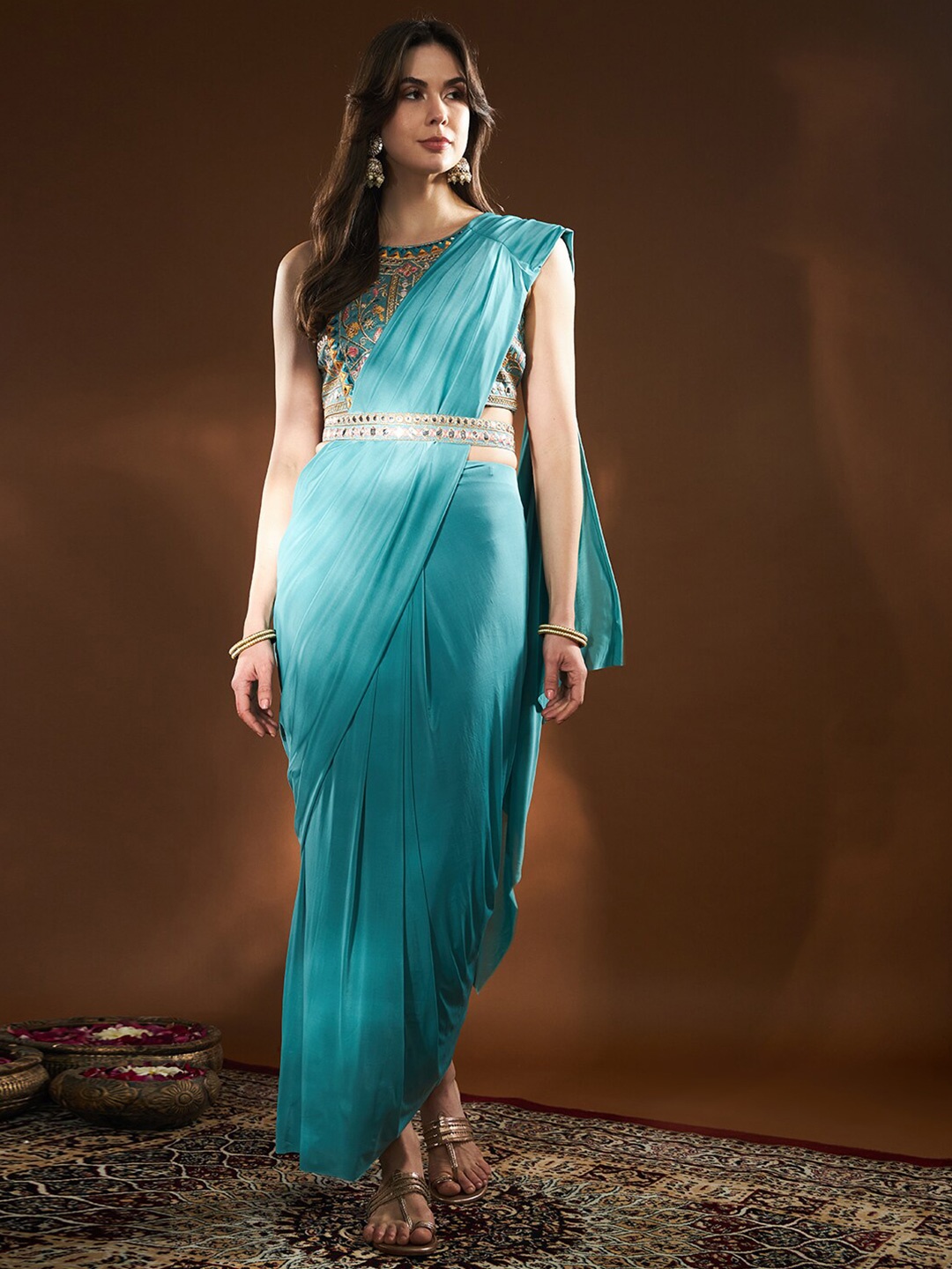 

THE52 Embellished Ready to Wear Saree, Sea green
