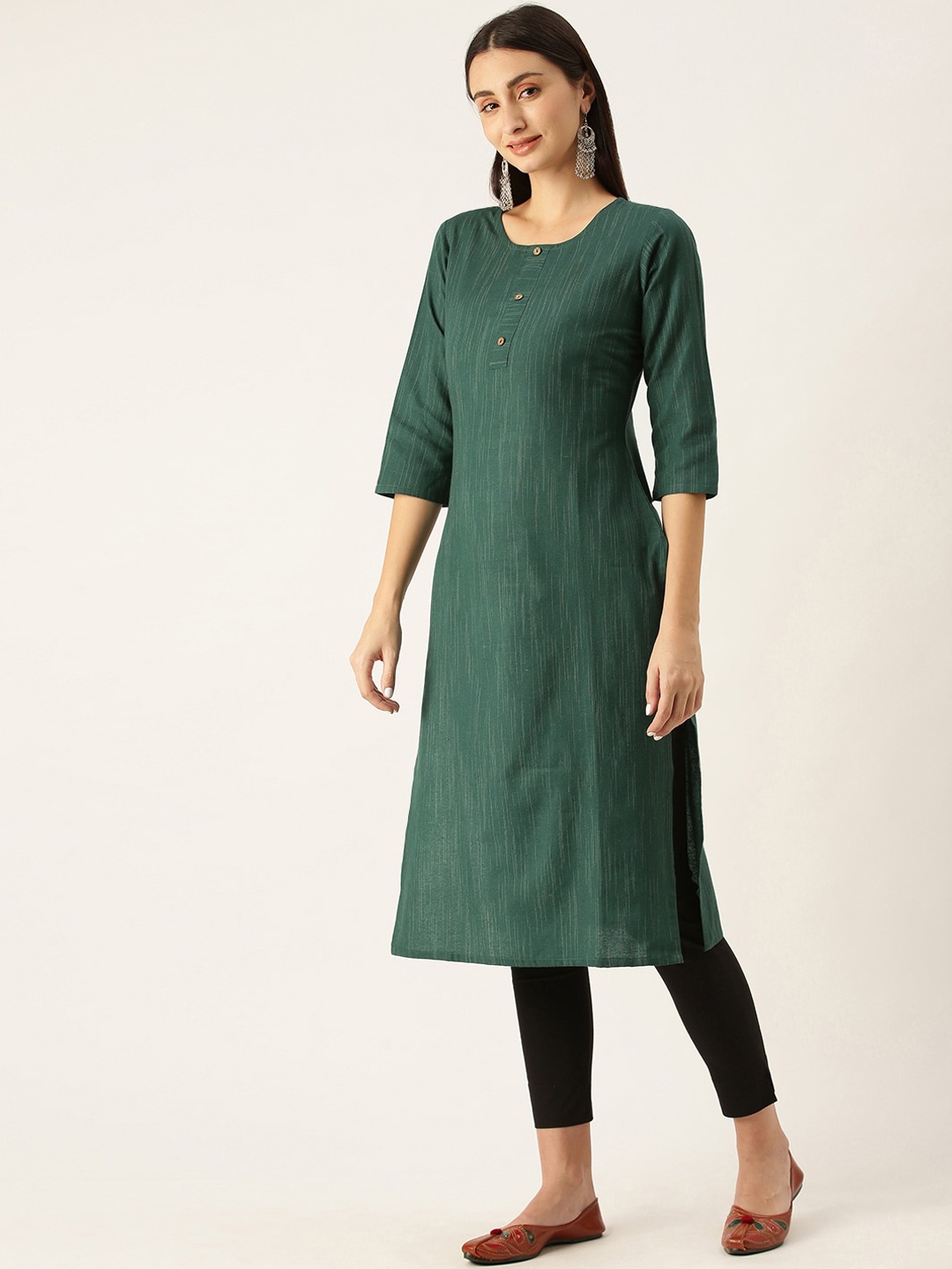 

KALINI Striped Woven Design Straight Kurta, Green