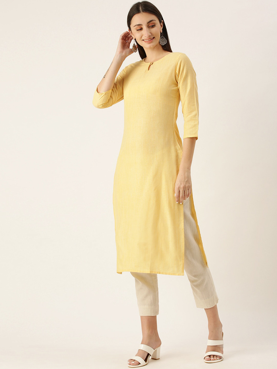 

KALINI Keyhole Neck Straight Kurta, Yellow