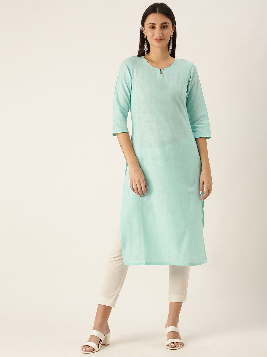 

KALINI Keyhole Neck Straight Kurta, Turquoise blue