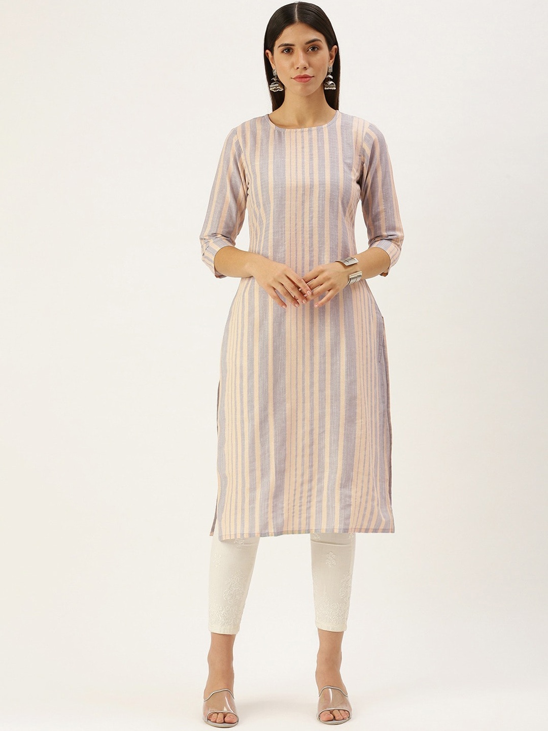 

KALINI Striped Round Neck Kurta, Grey