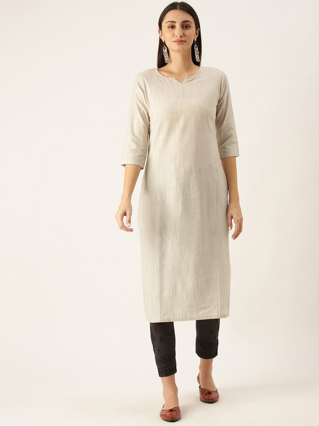 

KALINI Round Neck Regular Straight Kurta, Off white