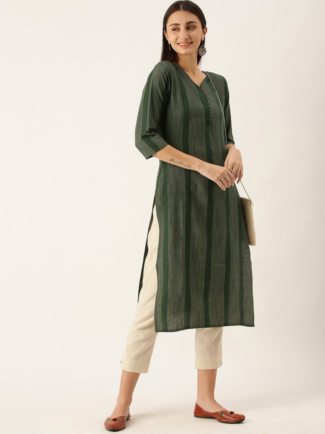 

KALINI Striped V-Neck Straight Kurta, Green
