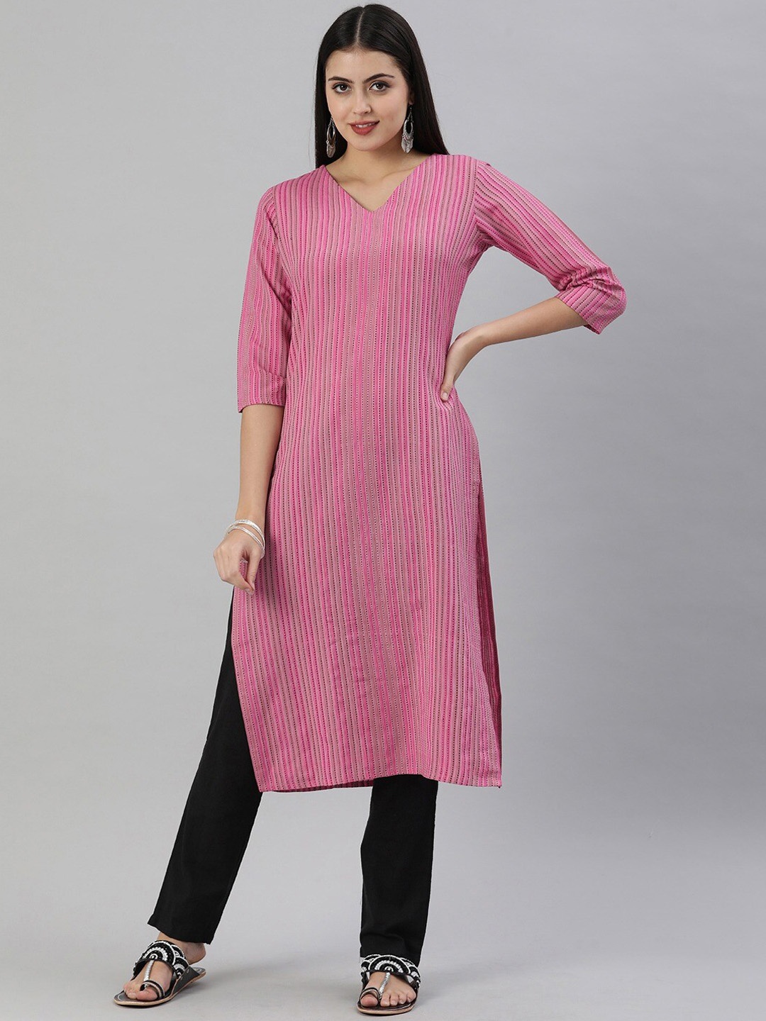 

KALINI Striped V-Neck Straight Kurta, Pink