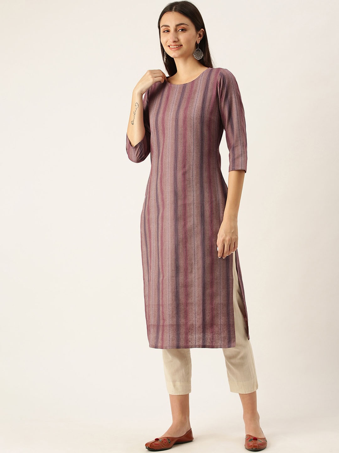

KALINI Striped Round Neck Straight Kurta, Mauve