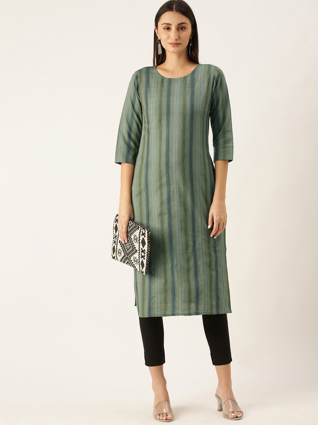 

KALINI Striped Round Neck Kurta, Green