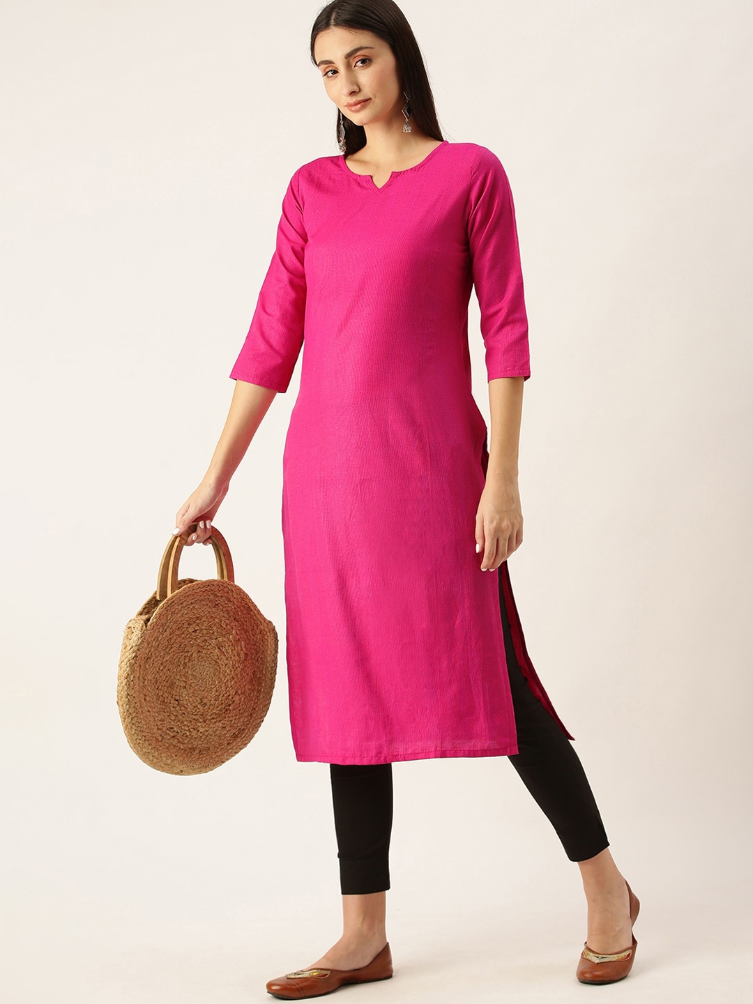 

KALINI Round Neck Straight Kurta, Pink