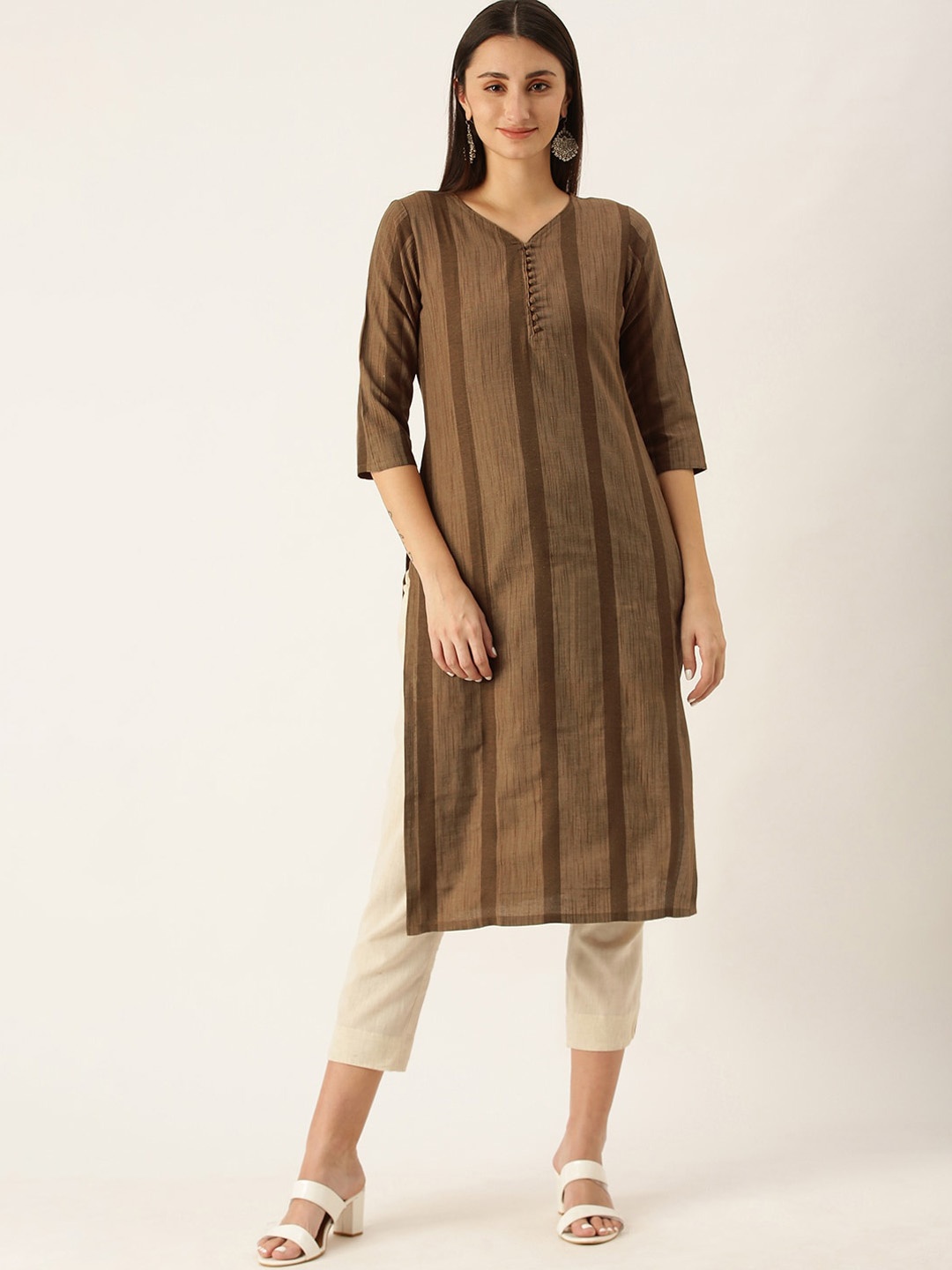 

KALINI Striped V-Neck Straight Kurta, Brown