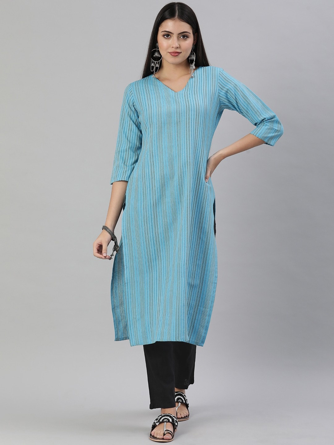 

KALINI Striped V-Neck Straight Kurta, Turquoise blue