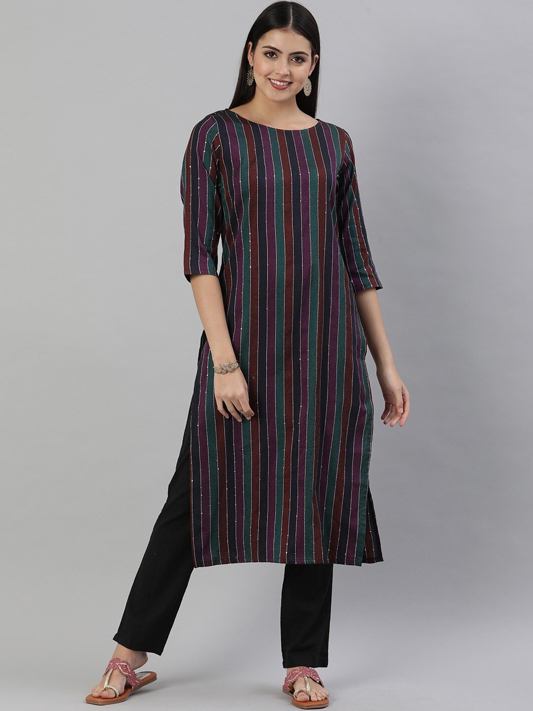 

KALINI Striped Round Neck Regular Sequinned Straight Kurta, Blue