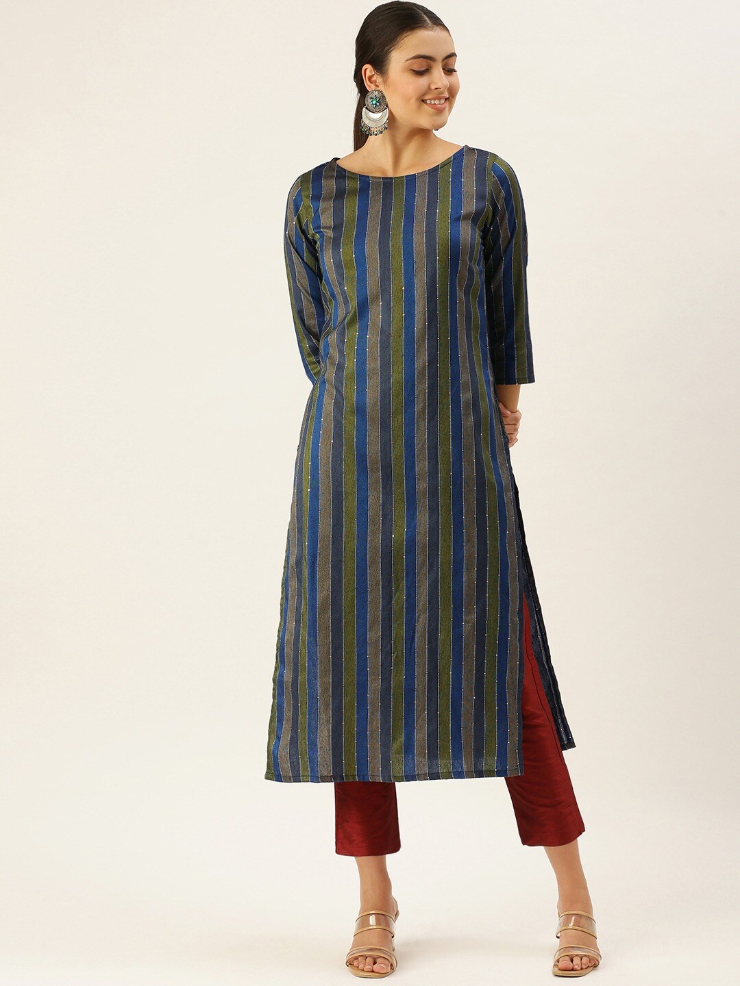 

KALINI Striped Sequined Straight Kurta, Green