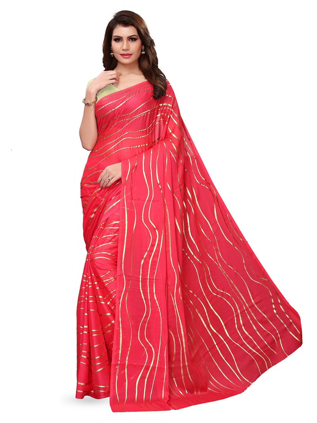 

KALINI Striped Saree With Blouse Piece, Pink