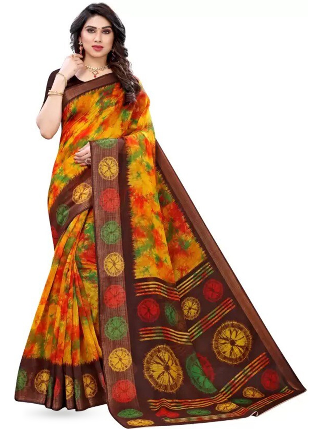 

KALINI Tie and Dye Zari Saree With Blouse Piece, Yellow