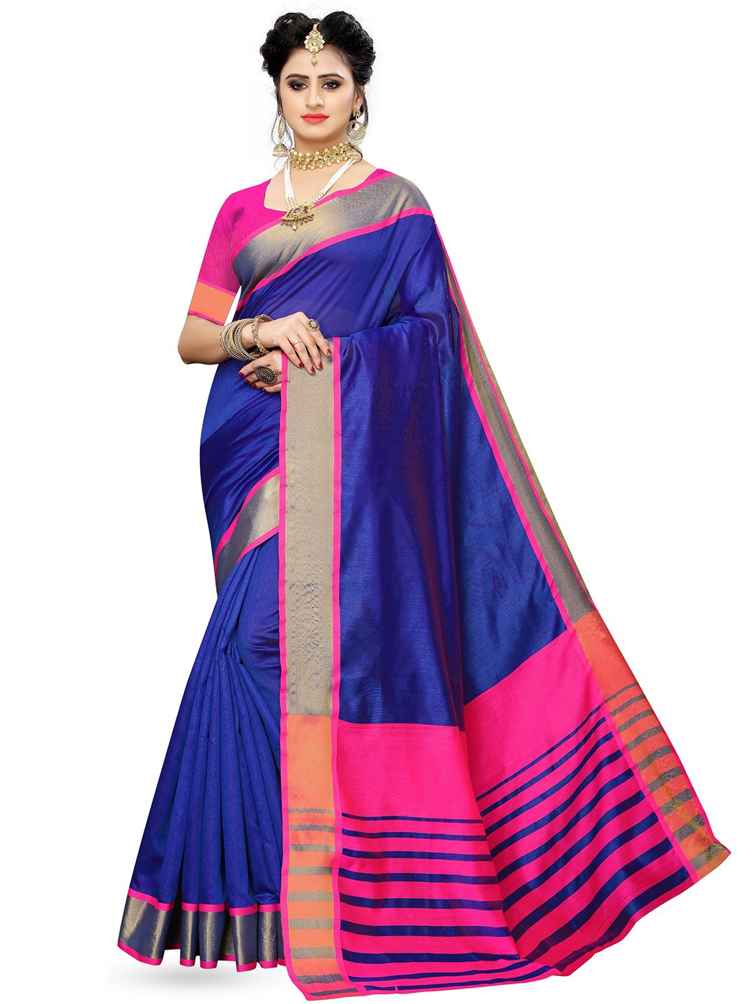 

KALINI Zari Silk Cotton Kanjeevaram Saree, Blue