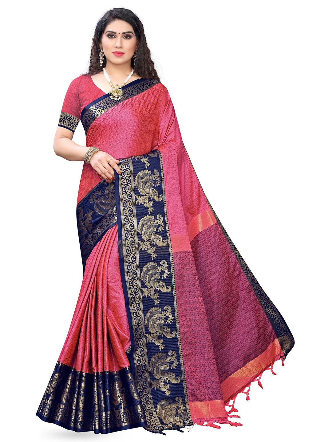 

KALINI Zari Silk Cotton Kanjeevaram Saree, Pink