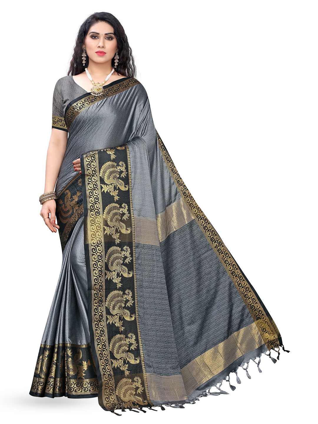 

KALINI Zari Silk Cotton Kanjeevaram Saree, Grey