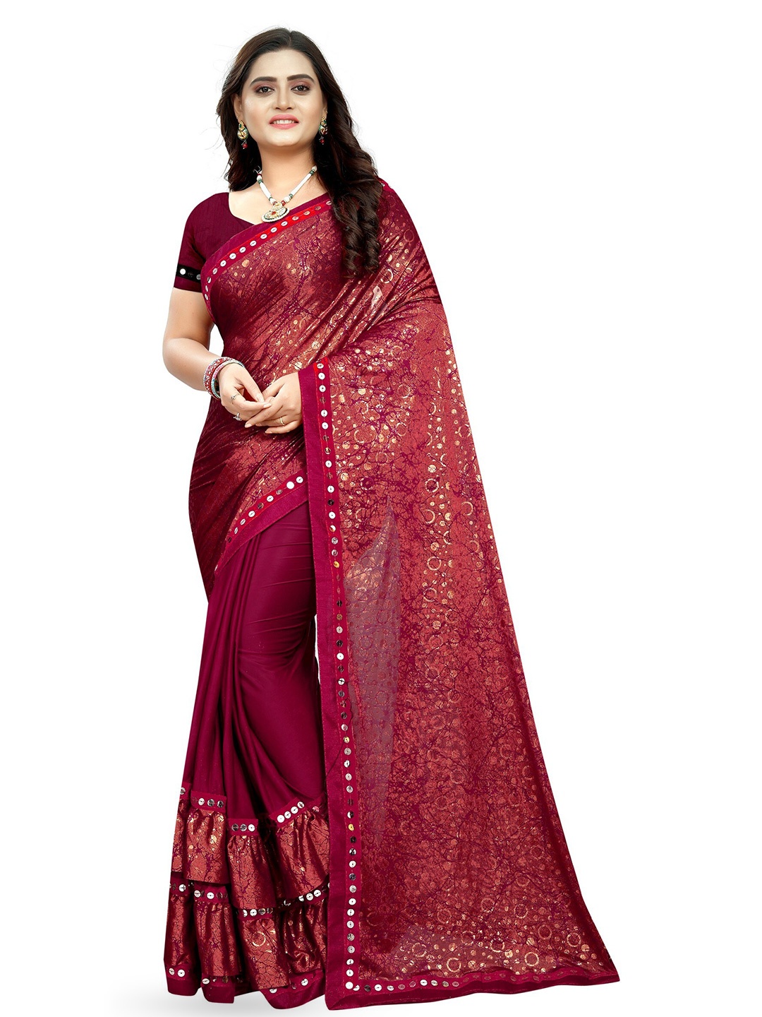 

KALINI Ruffled Saree With Blouse Piece, Red
