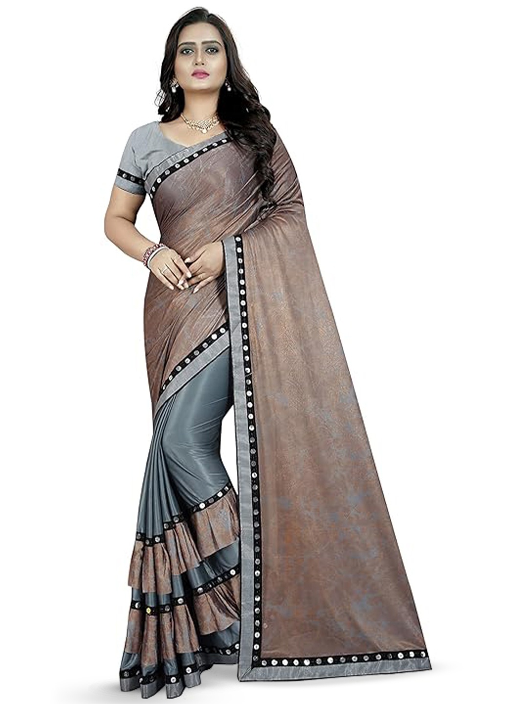 

KALINI Sequinned Ruffled Saree With Blouse Piece, Grey