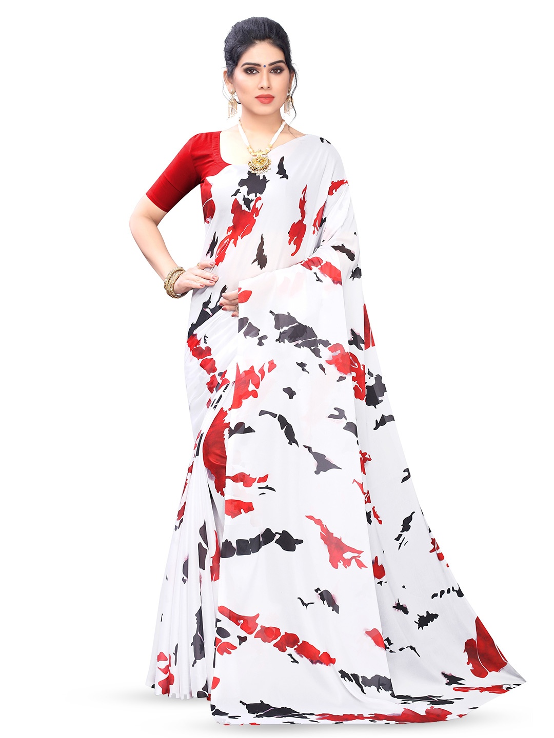 

KALINI Printed Saree With Blouse Piece, White
