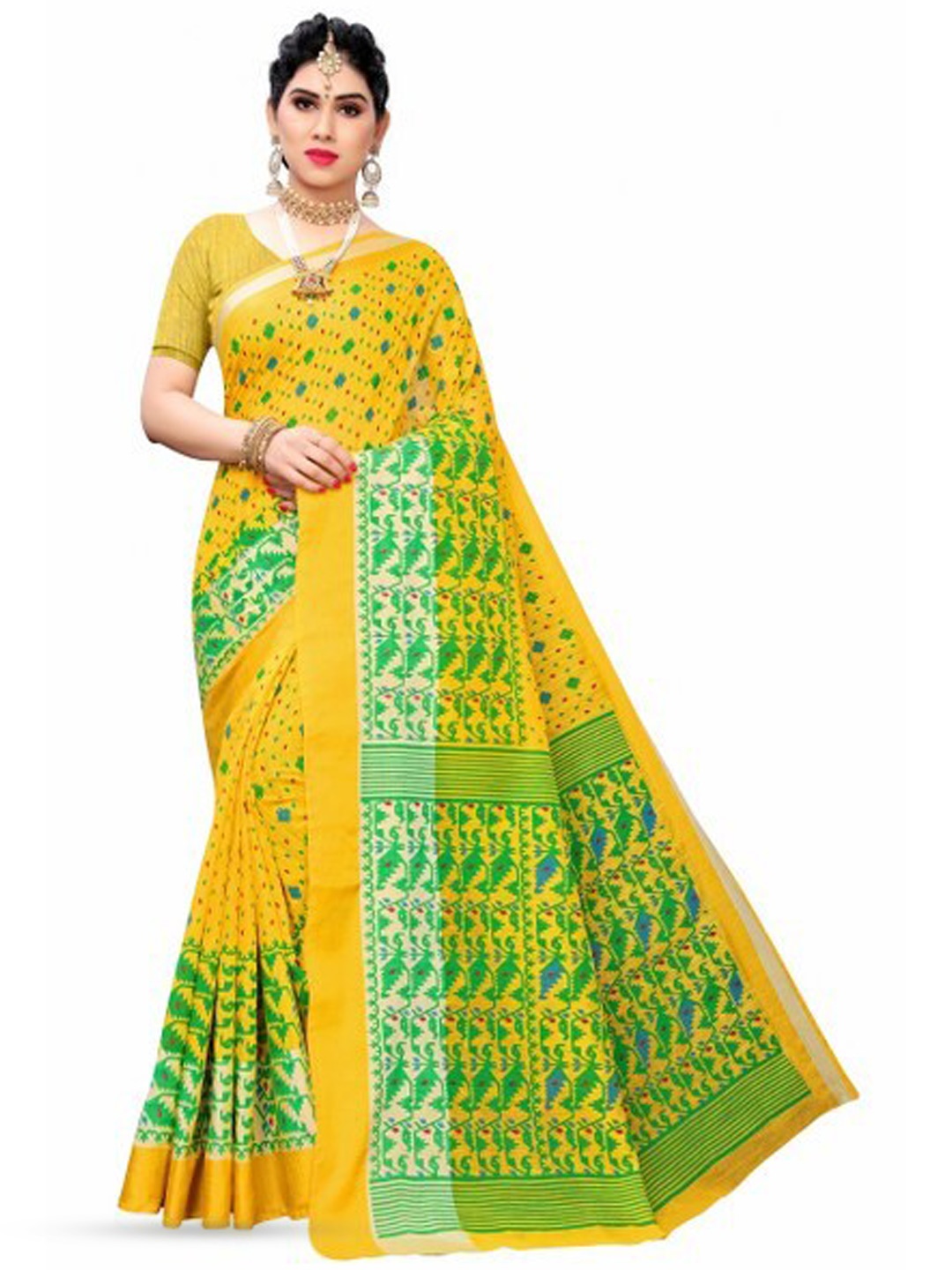 

KALINI Woven Design Silk Cotton Kanjeevaram Saree, Yellow