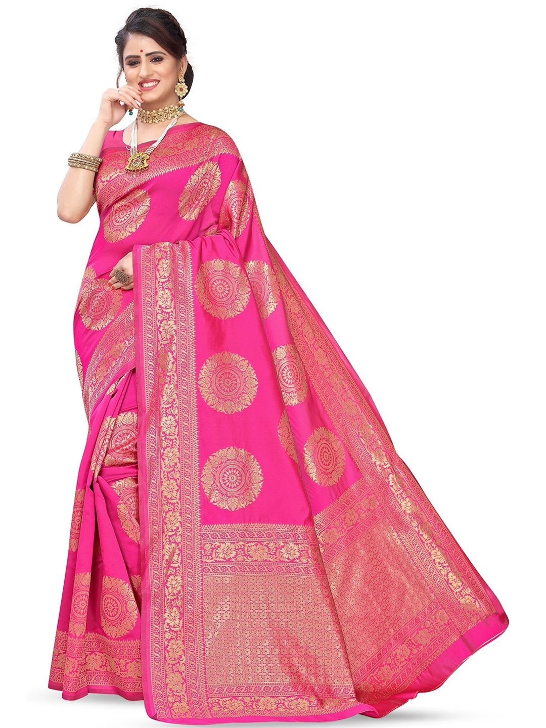 

KALINI Woven Design Zari Silk Cotton Kanjeevaram Saree, Pink