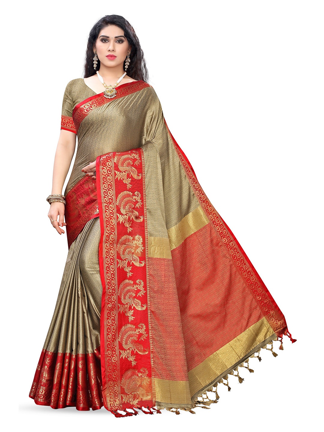 

KALINI Woven Design Zari Kanjeevaram Saree, Beige